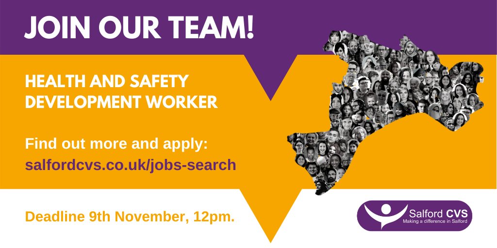 SalfordCVS's tweet photo. We're looking for a Health & Safety Development Worker to join our team!
This new role will support our Covid recovery work alongside the core activities offered by the current staff team.
Apply by 9 November, 12noon: https://t.co/f5RhInbBi7
#CharityJob #VCSEJobs #SalfordJob https://t.co/KSs1FdIMSk