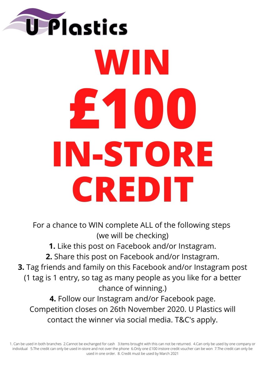 🛠WIN £100 IN-STORE CREDIT🛠

For a chance to WIN complete ALL of the following steps
(we will be checking)
1. Like this post on Facebook and/or Instagram.
2. Share this post on Facebook and/or Instagram.
3. Tag friends and family on this Facebook and/or Instagram post (1 tag....