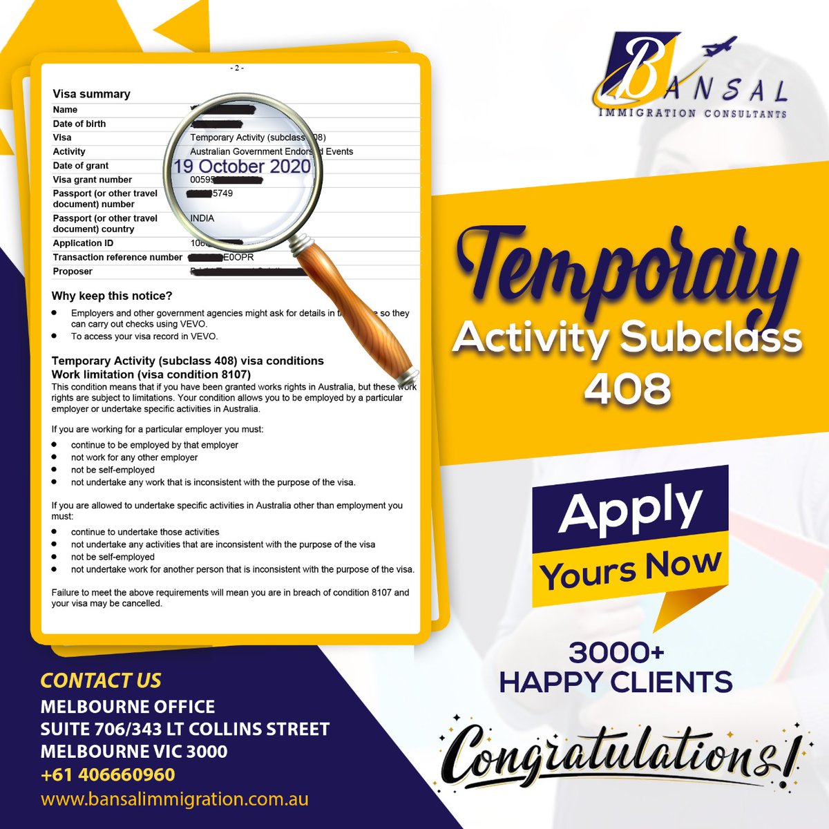 Bansalimmi's tweet image. A temporary visa lets you come to Australia to participate in events that are endorsed by the Australian Government.
For More Information Contact-
Bansal Immigration Consultants
📱 0406660960
#Temporaryvisa #subclass408 #Australia #BestImmigrationConsultant  #immigration #Visa
