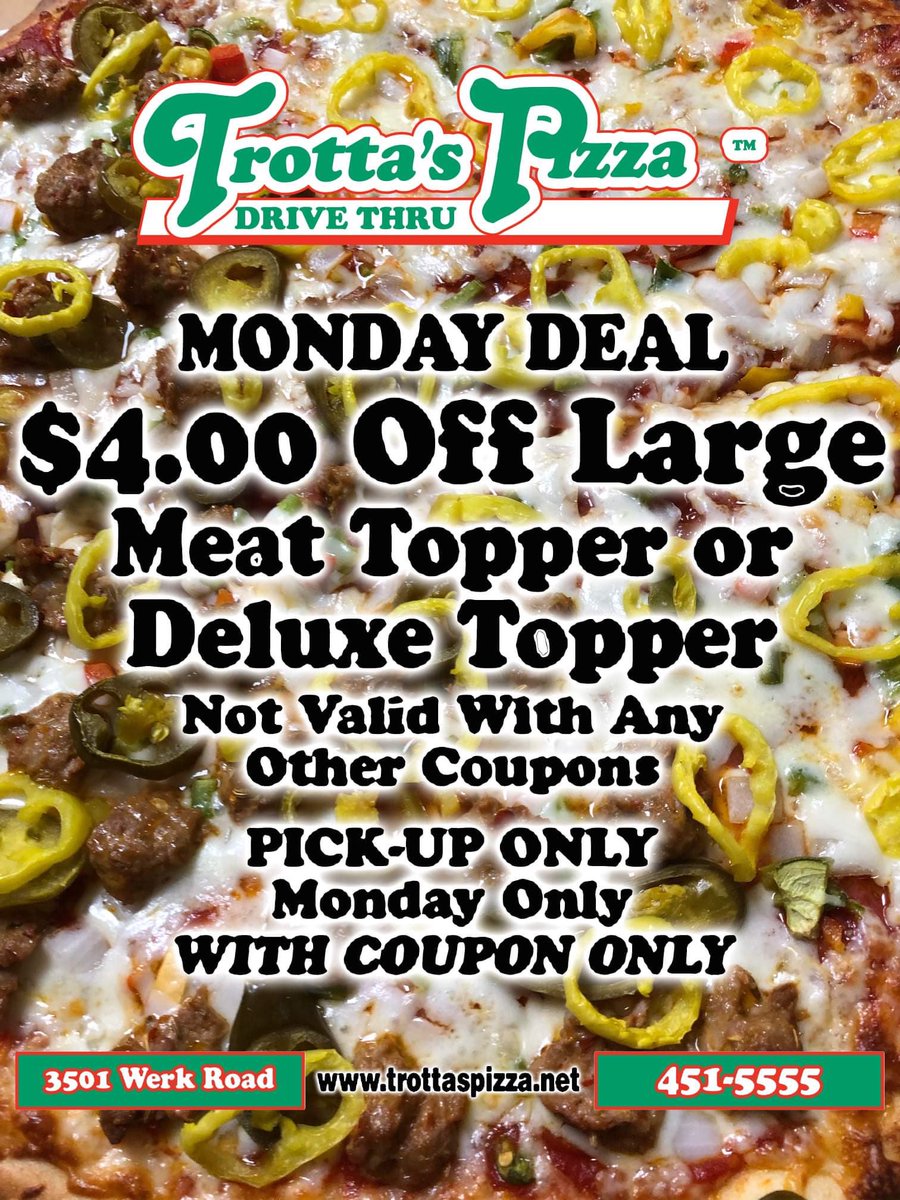 Monday Deal

Save $4.00 on Large Meat Lover or Deluxe (6 topping) pizza.

(513) 451-5555

Mention this coupon when you call and show the drive-thru attendant when you stop by.