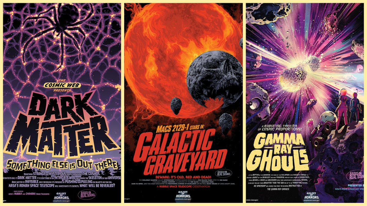 Dark matter, dead galaxies and gamma rays? It’s not creepy science fiction. These are real hair-raising phenomena and now they’re on fang-tastic “Galaxy of Horrors” #Halloween posters in English and Spanish.
 
Download & print free #NASAHalloween posters: exoplanets.nasa.gov/alien-worlds/g…