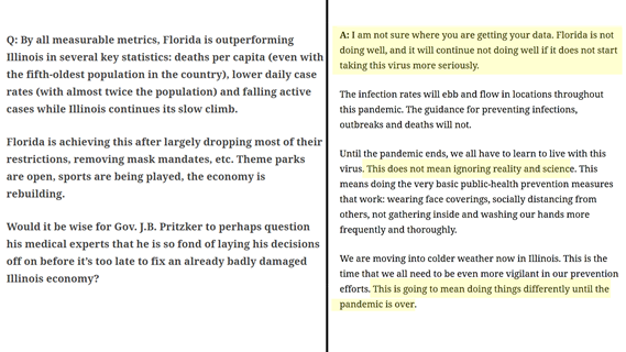 1/7 The director of  @CU_PublicHealth recently responded to a Covid-19 question in the local paper ( @news_gazette). The Question: Is Florida outperforming Illinois in its CV19 response?Her Answer: No, Florida is doing much worse than Illinois.Is that True?  #RationalGround