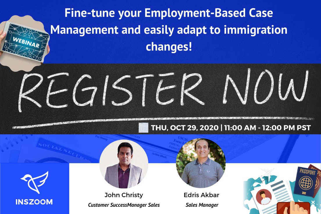 INSZoom's tweet photo. Have you registered for our webinar yet? This webinar will show you how you can easily adapt to changes and challenges in immigration centered on employment-based cases. https://t.co/tiBatpTjuP
#ImmigrationSoftware #Immigration #ImmigrationLaw #ImmigrationAttorney https://t.co/aswyRysh2p