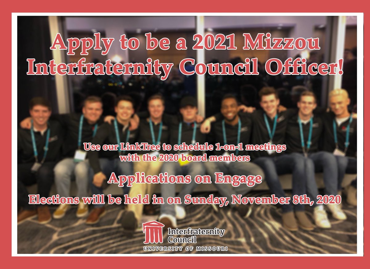 We’re happy to announce that we’re opening opportunities for our sophomore/junior members if they’re interested in running for next year’s term of IFC Officers! Info sign-up and application link on the Mizzou IFC LinkTree to apply and get more info!
linktr.ee/MizzouIFC