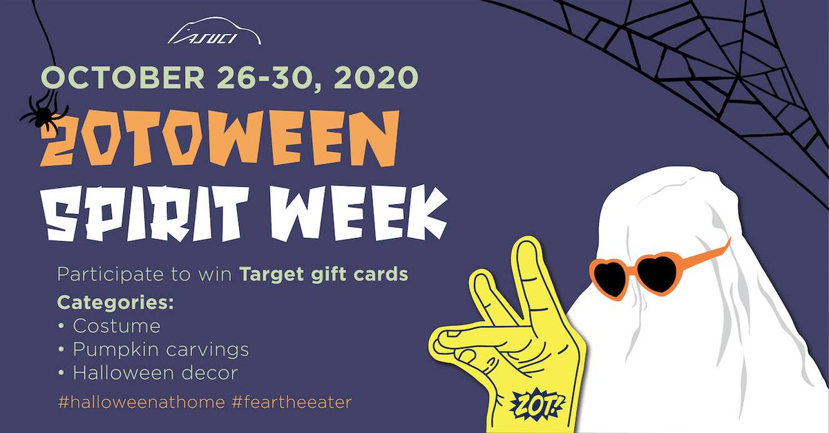 Join ASUCI'S Zotoween Spirit Week to join the virtual fun, and share photos of your costumes , pumpkin carvings, and home decor for a chance to win prizes throughout the week!