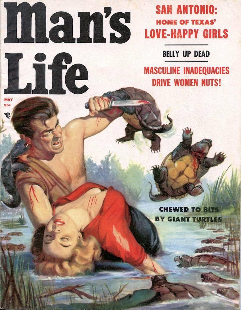 iused2watchthis's tweet photo. I have some questions. Like the turtle biting his ear, how did it get up there? And why is he letting the woman dangle in the water while the turtle armada approaches? (H/T @aflashbak) #oldmagazine #isthisreal #turtlepower #turtleattack #badass #retro #nostalgia https://t.co/0GrGNLC6aF