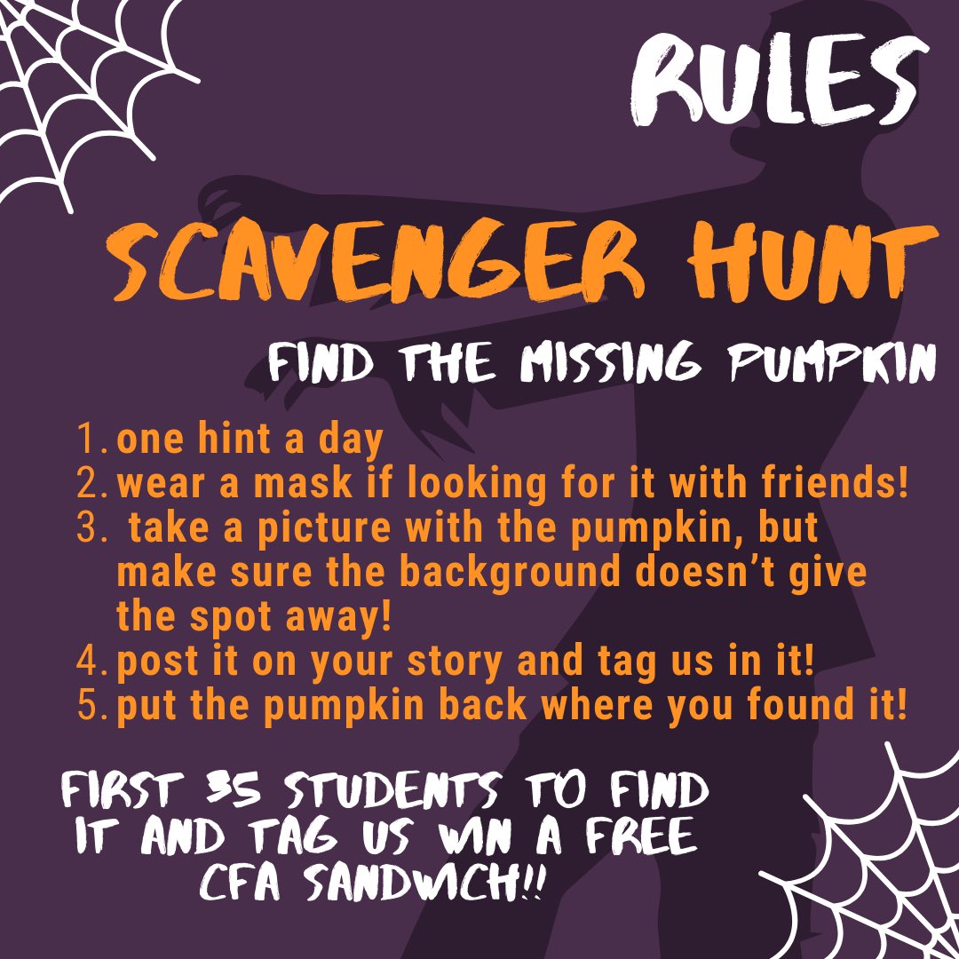 The scavenger hunt begins today! There is a missing navy pumpkin somewhere in Chan, and the first 35 students to find it, take a picture with it, and tag us in their story/tweet will win free Chick-fil-a sandwiches! Come back tomorrow for the next clue! Be safe and happy hunting!