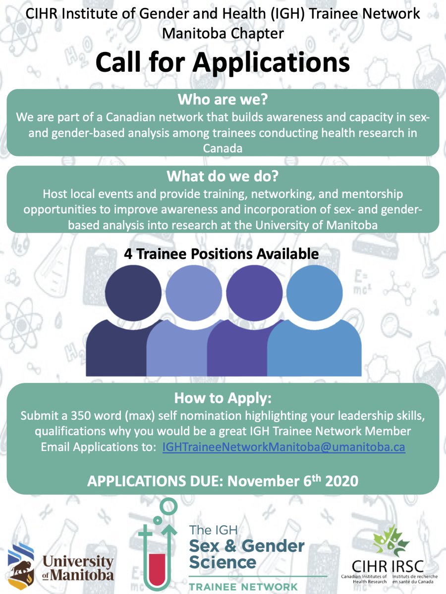 TaylorMorriseau's tweet photo. 📣The @IGHnetwork Manitoba Chapter is recruiting 4 Trainee Leads! Open to all @umanitoba students interested in sex- and gender-based research. Applications are due Nov 6th. @UM_RadyFHS @umanitobasci @UManitobaHSGSA @BoBTrainees please share! https://t.co/UBgeF0Miu7