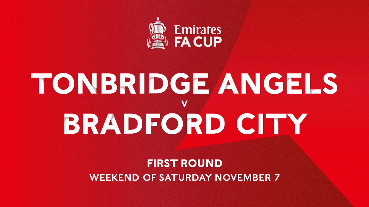 officialbantams's tweet photo. 🏆 | We will travel to @tonbridgeangels in the opening round of this season's @EmiratesFACup!

🆚 | The fixture will take place over the weekend of Saturday November 7, with full details to follow...

#BCAFC | #CityForAll | #EmiratesFACup https://t.co/QyTjlvCEYA