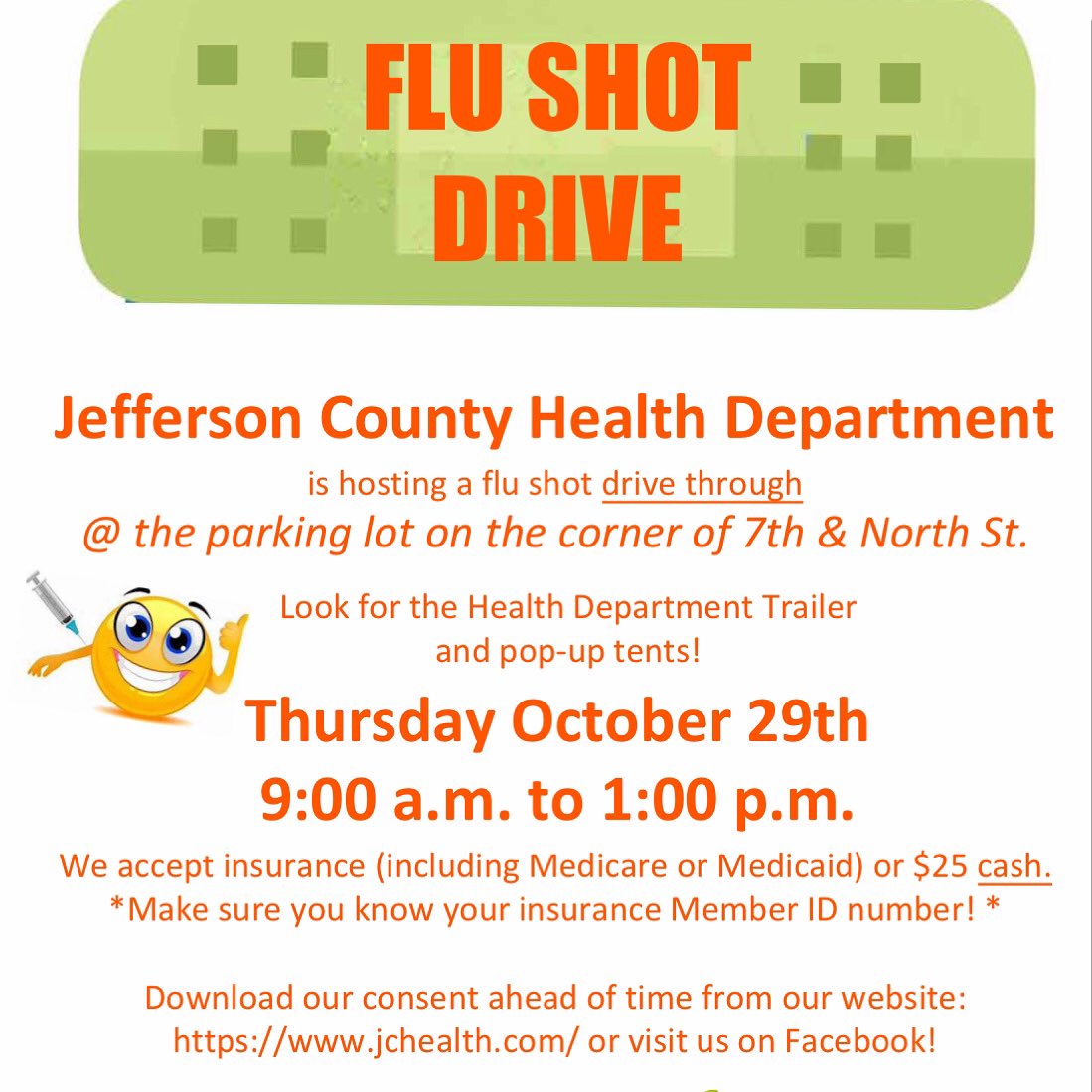 JeffCoHD's tweet photo. This will be our last drive through flu clinic of the season! If you still need your flu shot, come visit us!! Rain or shine we will be giving shots on October 29th from 9am-1pm. You can stay out of the rain &amp; stay in your car!! #drivethrough #flushot 🩹🦠🌧☀️ https://t.co/Arhmzd04zX