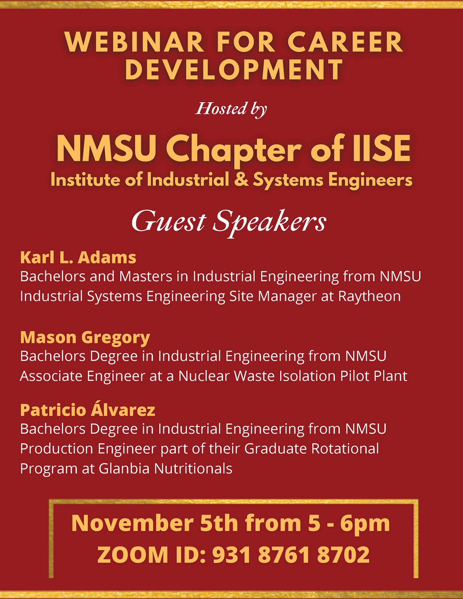 ieaggies's tweet image. Join us for our Career Development webinar featuring recent IE graduates! #NMSUengineering