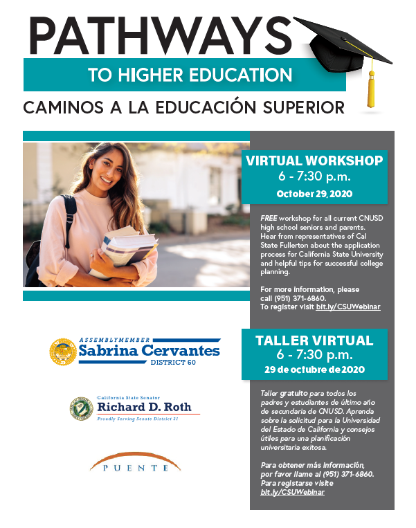 GeneralRoth's tweet photo. 🎓@CNUSD Seniors🎓: Tune in for our Pathways to Higher Education Virtual Workshop with #CNUSD, in partnership with @AsmCervantes and the CNUSD #PuenteProgram! Hear from @csuf representatives on the @calstate application process, and more!
💻RSVP: https://t.co/jfAxfkDQk0 https://t.co/y2CkdzoLKt