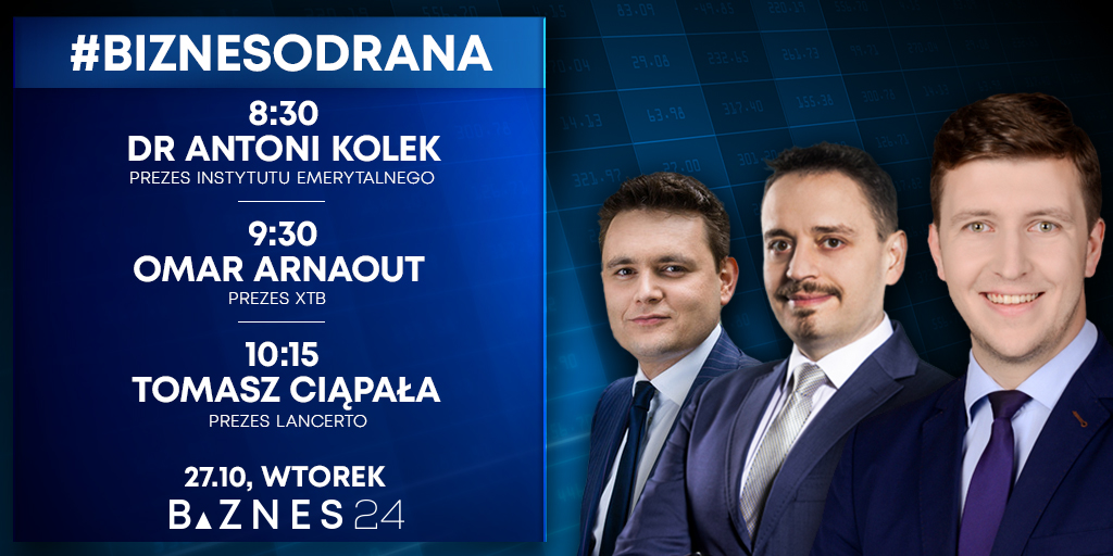 biznes24pl's tweet photo. Gośćmi #BiznesOdRana we wtorek będą: @AntoniKolek, prezes @Inst_Emerytalny, Omar Arnaout, prezes @xtbpl, Tomasz Ciąpała, prezes @lancerto. Program prowadzi @dbwolski. Zapraszamy od 8:30! https://t.co/KtcOfmVMyX