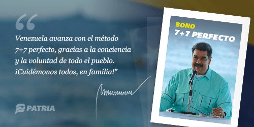 Inicia la entrega del Bono 7+7 Perfecto enviado por nuestro Presidente <a href="/NicolasMaduro/">Nicolás Maduro</a> a través del Sistema <a href="/CarnetDLaPatria/">Carnet de la patria</a>. La entrega tendrá lugar entre los días 26 al 31 de octubre de 2020.

#CuarentenaRadicalEficaz