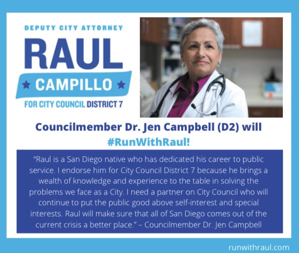 RunWithRaul's tweet photo. 🚨Four More🚨 Honored to have the endorsement of four Democratic leaders on the San Diego City Council who have offered guidance and support to our campaign for Dis 7. @CD4Monica @SDGeorgette @ChrisWard4AD78 @CMJenCampbell thank you for your endorsements & trust! #RunWithRaul https://t.co/wpbVS0b6N2