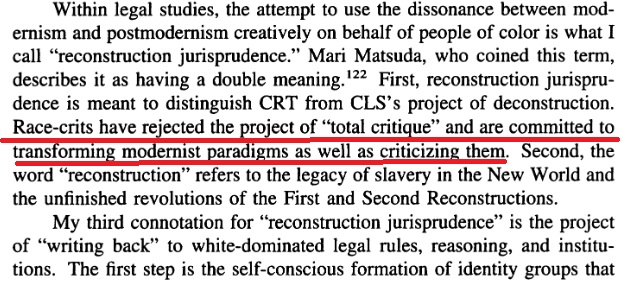 15/She then says, again in pain clear language, she wants to use both, postmodernism to dissolve the concepts of neutrality and objectivity, then use critical theory (which is neo-marxist not postmodern) to make a new system of law with new paradigms. She says this explicitly: