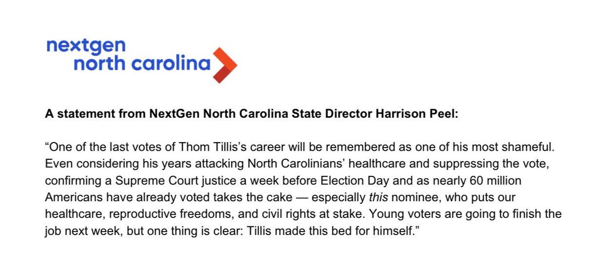 harrisonfpeel's tweet photo. My statement on tonight's #SCOTUSNomination 

This will fuel our @NextGenAmerica team in NC for a lot longer than #Election2020, but the first step is a new Senator. Make a plan to vote right now for @CalforNC  

#ncsen #ncpol https://t.co/upr2G64IaP