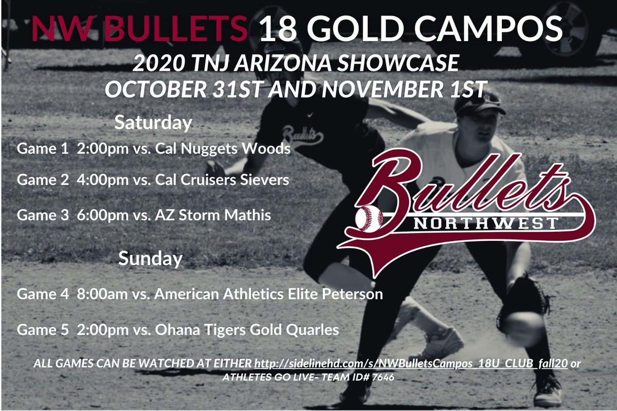 NWBulletsSB's tweet image. NW Bullets Campos 18U are in Scottsdale, AZ🥎This weekend October31-November 1st for the TNJ Arizona Showcase👉Check out our schedule below #NWBullets #NWbulletsCampos #fallball