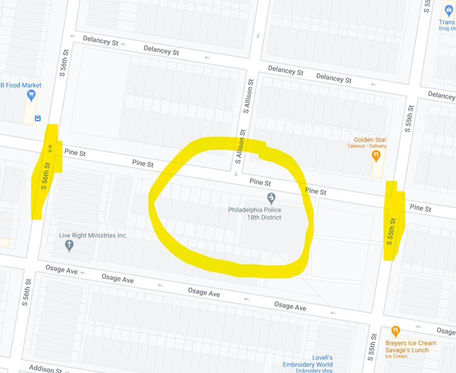 Confirmation of Barricades blocking off the section of the street of the police building:Found it on Google Maps:  @tr00puRR  @zerosum24  @KittyLists  @selfdeclaredref  @shanermurph  https://www.google.com/maps/place/Philadelphia+Police+18th+District/@39.9543675,-75.2333331,19z/data=!4m8!1m2!2m1!1sPine+St+from+55th+to+56th+philadelphia!3m4!1s0x89c6c6c4385e3e83:0x8d044c333445b5f7!8m2!3d39.9542599!4d-75.2328924