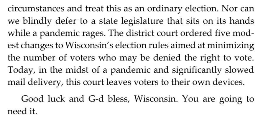 GOP-appointed judges on the 7th Circuit Court of Appeals, including Trump appointee Amy St Eve, ruled against relief for Wisconsin voters. As (also GOP-appointed!) Judge Rovner wrote in her dissent, “this court leaves voters to their own devices."