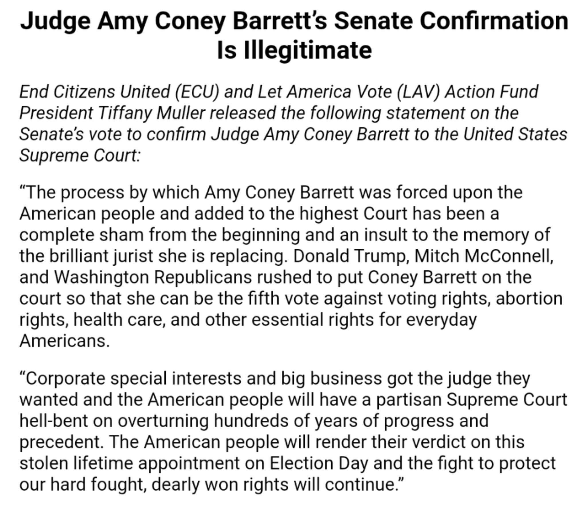 Let America Vote Our Statement On Judge Amy Coney Barrett S Illegitimate Confirmation By The Gop Senate Let America Vote Our Statement On Judge Amy Coney Barrett S Illegitimate Confirmation By The Gop Senate