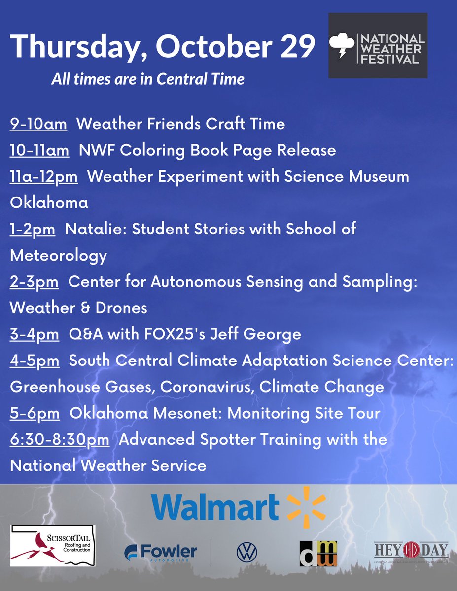 WeatherFestival's tweet photo. Here are today’s events for Day 4 of #nwf20! Don’t forget to register for the NWS Advanced Storm Spotter Class happening today at 6:30pm CT! 

Register here: https://t.co/AOFOfoLcWT https://t.co/kQHMEA4mFJ