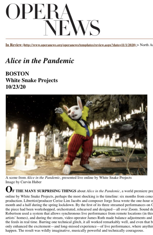 JorgeSosaMusic's tweet photo. Opera News gave Alice in the Pandemic a great review! Final show tomorrow at 7:30. #whitesnakeprojects #aliceinthepandemic #timeiselastic #madeinmexico https://t.co/cImvTeB72S