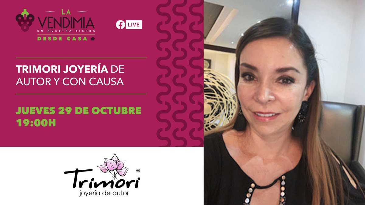 La diseñadora Ángeles Loaiza, fundadora de Trimori Joyería, nos contará sobre sus diseños y de cómo se ha involucrado en importantes causas sociales. Link #FacebookLive: bit.ly/3fhtJzV

#CuarentenaPositiva
#LaVendimiaMex😉🍷
👏🧼🙌😷