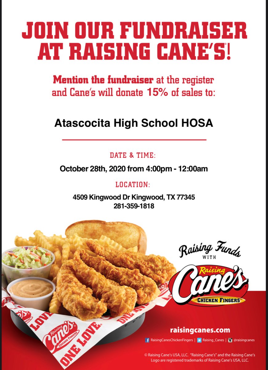 This Wednesday, 10/28, Atascocita HOSA is having our first Spirit Night of the year at Raising Cane’s in Kingwood! Make your Wednesday dinner one that funds the organization raising up the health professionals of tomorrow! <a href="/HumbleISD_AHS/">The Atascocita HS</a>  <a href="/AtascocitaHosa/">Atascocita Hosa</a> @BobbittHeaSci