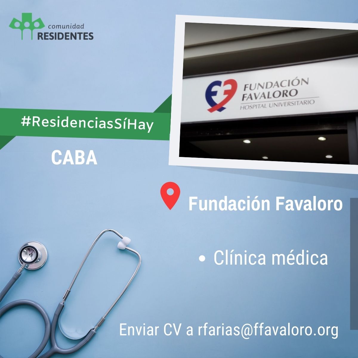 ResidentesArg's tweet photo. #ResidenciasSiHay 👨⚕️👩⚕️
Cargo disponible para segundo año de la residencia de Clínica Médica en @FundFavaloro
👉 Enviar CV a rfarias@ffavaloro.org
#ComunidadResidentes #ResidentesArg
#Residencias2020
#SoyResidente #ResidenciasMédicas https://t.co/x3Hp6IlGle