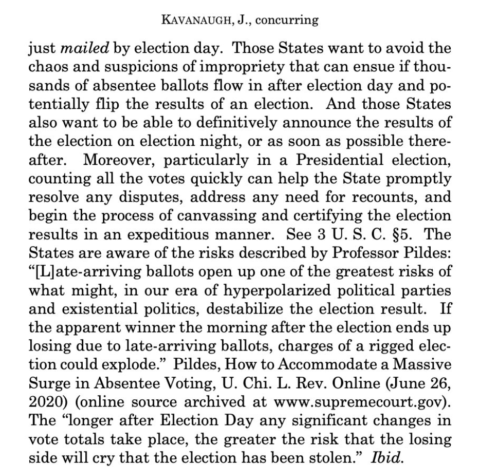 kyledcheney's tweet photo. Kavanaugh suggesting that the vote totals on Election Day are the "results" of an election โ when states typically don't count provisionals, absentee ballots and resolve disputes for days โ is pretty remarkable. https://t.co/FkDQUymj2s