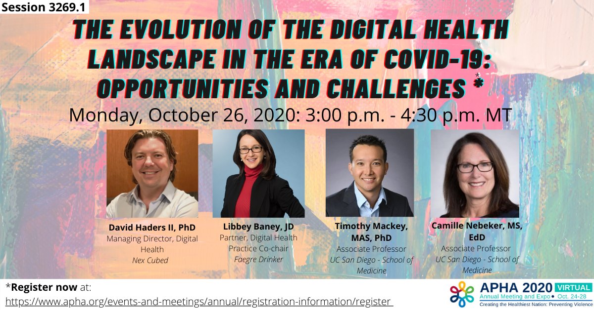 Vinatusa's tweet photo. Today at 5:00pm ET - How has #digitalhealth been leveraged during the pandemic?  Speakers will discuss the emergence of these different modalities - telehealth, artificial intelligence, blockchain, and many others!  #APHA2020 #globalhealth https://t.co/yI2iHtAPEe
