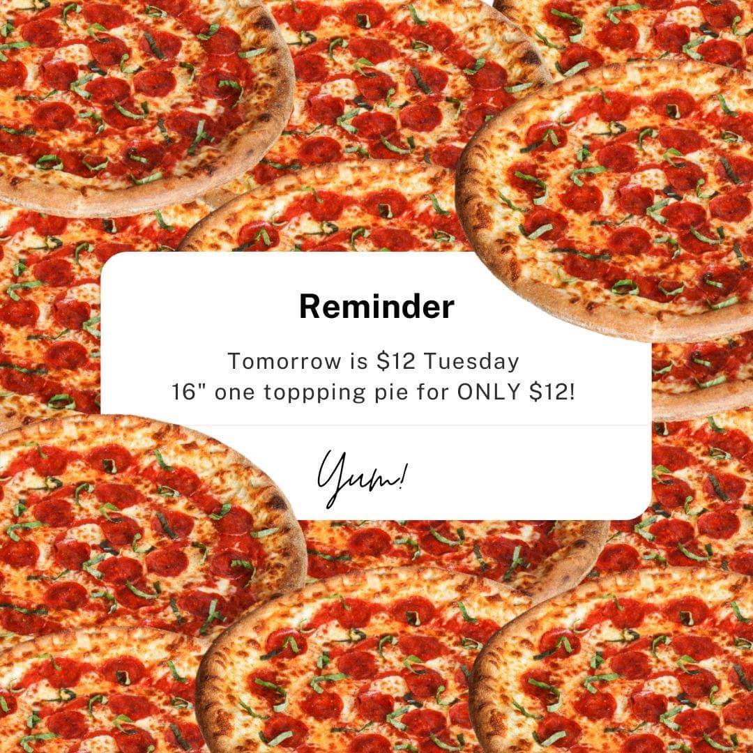 🍕Tomorrow is $12 Tuesday! 🍕

That's right our 16" one topping pie for ONLY $12! No limit.

Call us for carryout or delivery! $15 delivery minimum applies and it can't be combined with any other offer. 

Click the link below: bit.ly/2Tud56Z