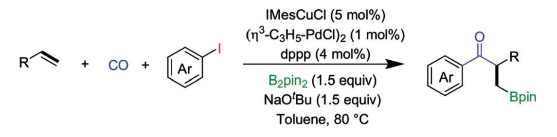 Szostak_Group's tweet photo. #NHCs #NHeterocyclicCarbenes Wu group reported #four-component #borocarbonylation of #vinylarenes. Cooperative Cu/Pd catalysis for preparation of #boryl #ketones #boryl vinyl esters. #IMesCuCl and #MeIPrCuCl are the winners. @pengcheng_gao @angew_chem https://t.co/0JjeRqOcw2 https://t.co/V8oh05hldW