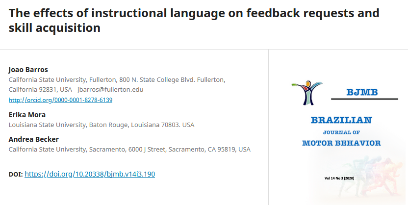 BrJMotorBehav's tweet photo. In #BJMB, Barros et al. investigated whether autonomy-supportive language would lead to differences on frequency of feedback requests and skill acquisition. Although frequency of feedback differed between groups, both groups learned similarly. #motorlearning #autonomy #KR https://t.co/wiD7cPcg2H