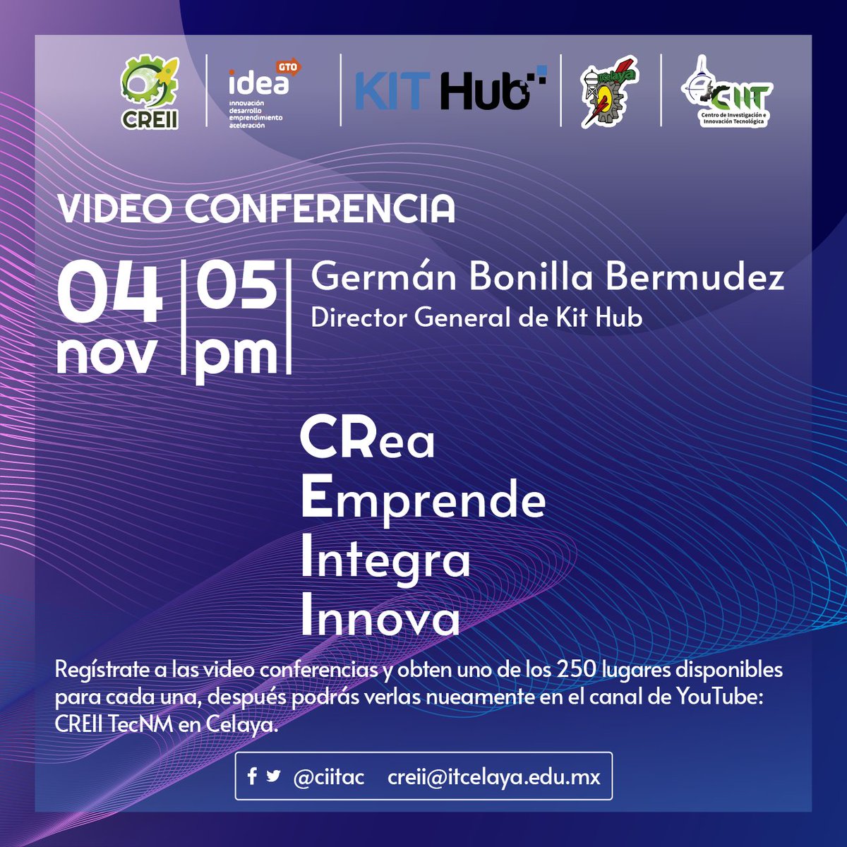 Tv_Lince's tweet photo. No te puedes perder la primera vídeoconferencia del programa impartida por German Bonilla Director de KitHub el 4 de noviembre a las 5pm por Meet al mismo tiempo se transmitirá por el canal "CREII TecNM en Celaya" en Youtube.
"Para los alumnos de Nuevo Ingresó es obligatorio". https://t.co/1G3M0PzZ5N