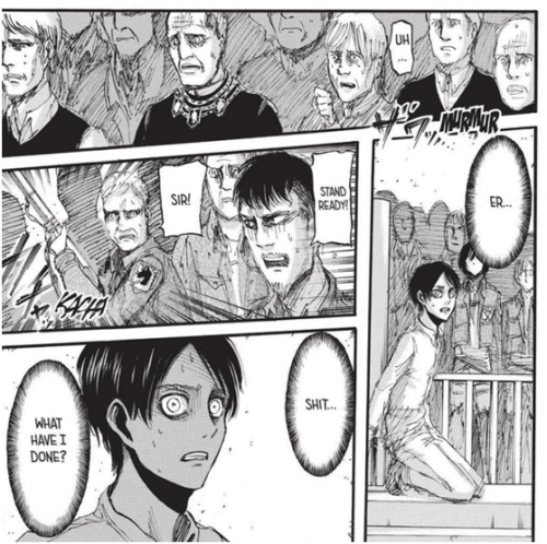 Since I can’t just write a short and lovely answer to your question, why don’t we analyze the scene and figure out what the hell happened back then.Starting with Eren losing his shit and shouting, scaring the heck out of people who are already horrified of him.