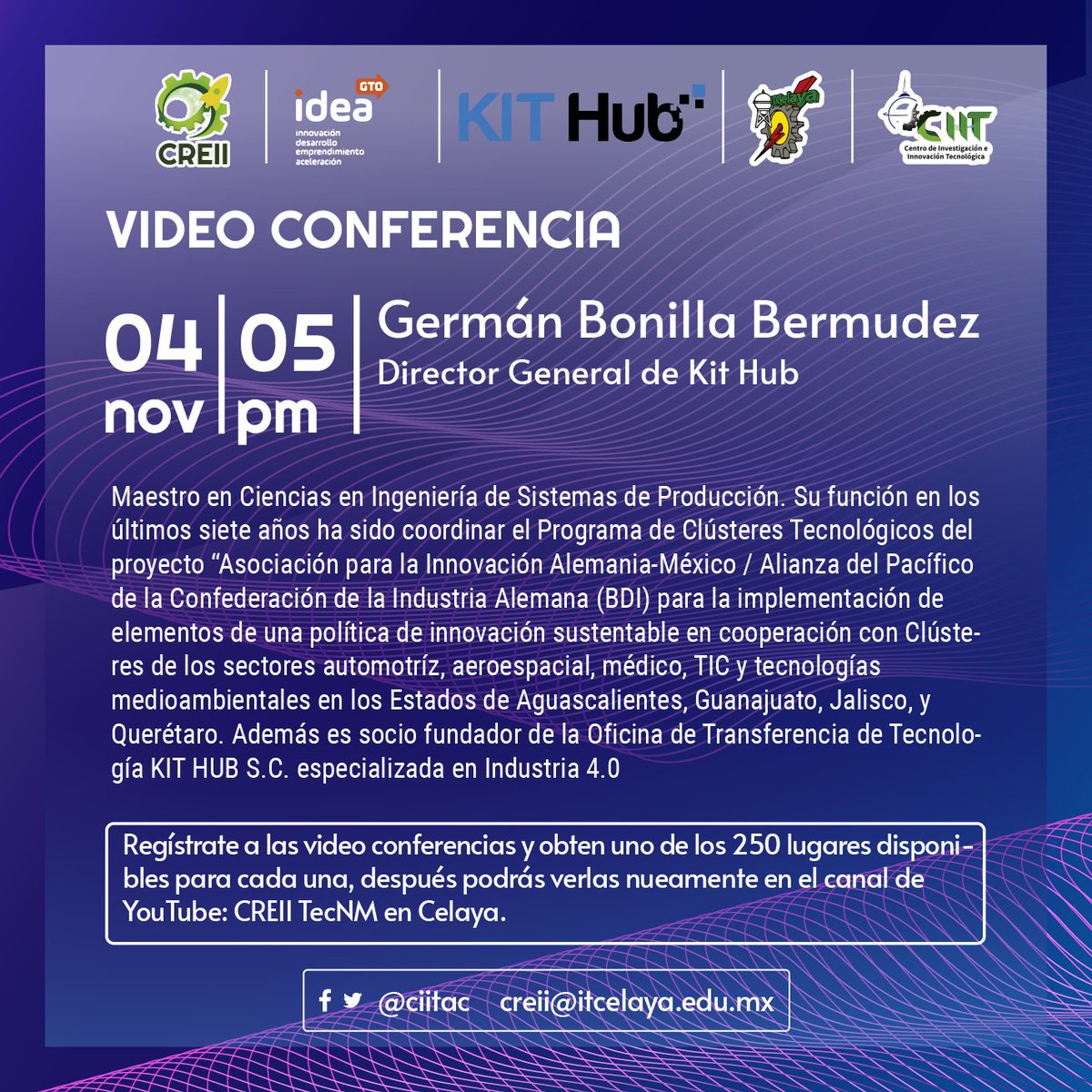 Tv_Lince's tweet photo. No te puedes perder la primera vídeoconferencia del programa impartida por German Bonilla Director de KitHub el 4 de noviembre a las 5pm por Meet al mismo tiempo se transmitirá por el canal "CREII TecNM en Celaya" en Youtube.
"Para los alumnos de Nuevo Ingresó es obligatorio". https://t.co/1G3M0PzZ5N