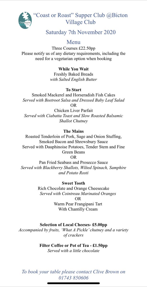 Now taking bookings for our next pop up restaurant in conjunction with Bicton Village Club. Covid secure venue and current restrictions apply. Any enquiries call 07779117802 or email enquiries@oakapplecatering.co.uk