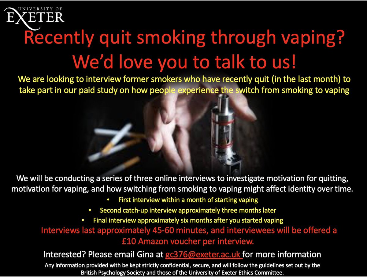 ginacollins (@ginapcollins) on Twitter photo Recently quit smoking through vaping? We'd love to talk to you for a new paid <a href="/UniofExeter/">University of Exeter</a> study investigating the switch from smoking to vaping.
#Stoptober #QuitSMOKING #vape #vaping
*Please RT* Recently quit smoking through vaping? We'd love to talk to you for a new paid <a href="/UniofExeter/">University of Exeter</a> study investigating the switch from smoking to vaping.
#Stoptober #QuitSMOKING #vape #vaping
*Please RT*
