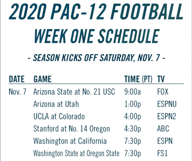 bhofheimer_espn's tweet photo. The @Pac12 announced its opening weekend games for Sat, Nov 7. #STANvsORE will be on ABC Saturday Night Football and #Pac12AfterDark returns w/ #WASHvsCAL | 1030p ET, ESPN. https://t.co/hWXkcharRo