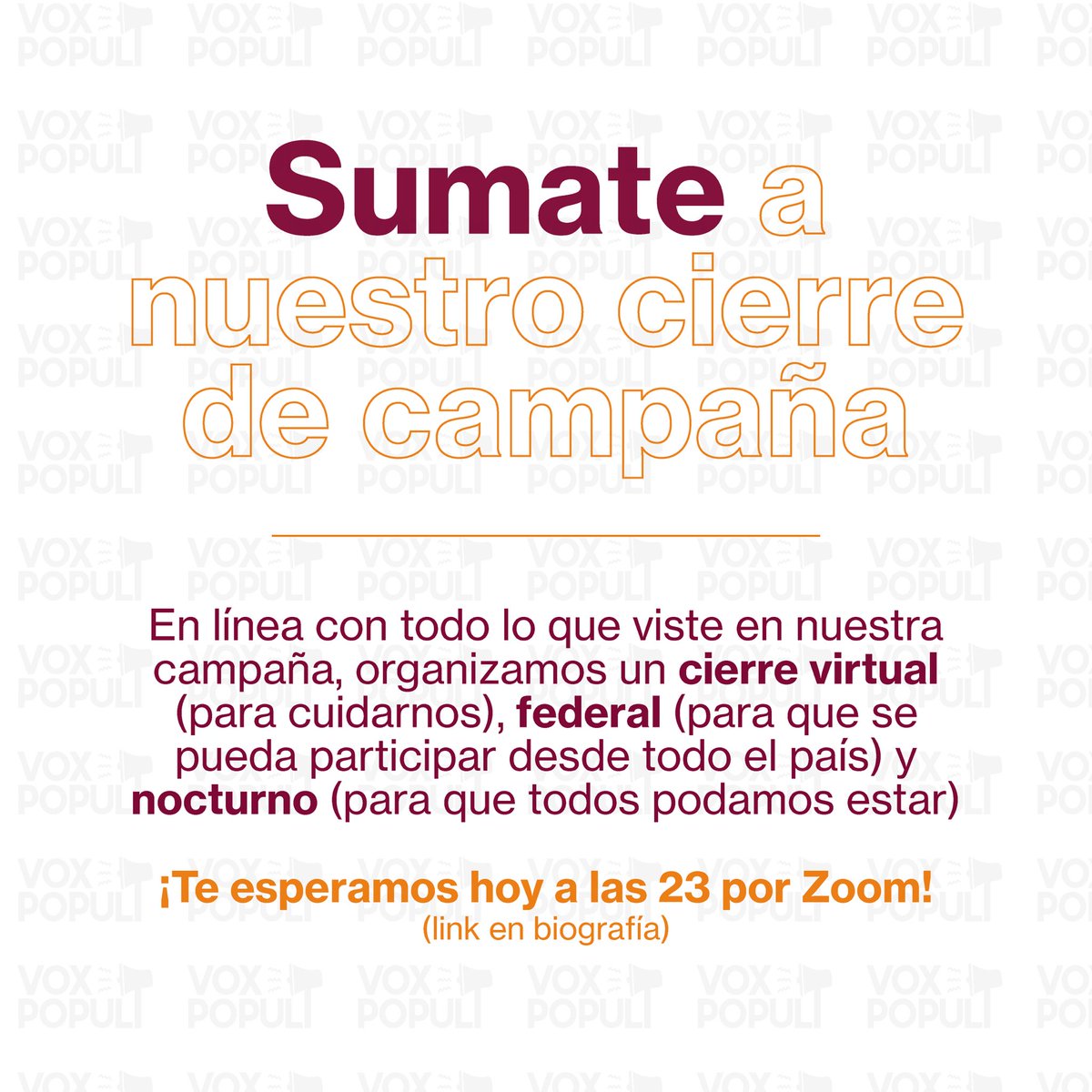 voxpopuliuca's tweet photo. Contemplando el contexto de pandemia en el que tocaron estás elecciones, vamos a hacer un cierre de campaña por medio de zoom a las 23hs🥰‼️

Te esperamos‼️💪 vamos a poner el link en nuestra bio❤️ https://t.co/TzmyKI6LER