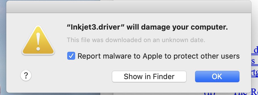 Scott800's tweet photo. #HP printer will no longer print from Mac due to driver malware.  Neither #Apple nor #HP seem to be doing anything to address the problem.  Here is the message I get when I try to print: https://t.co/N4FYcfqbuK