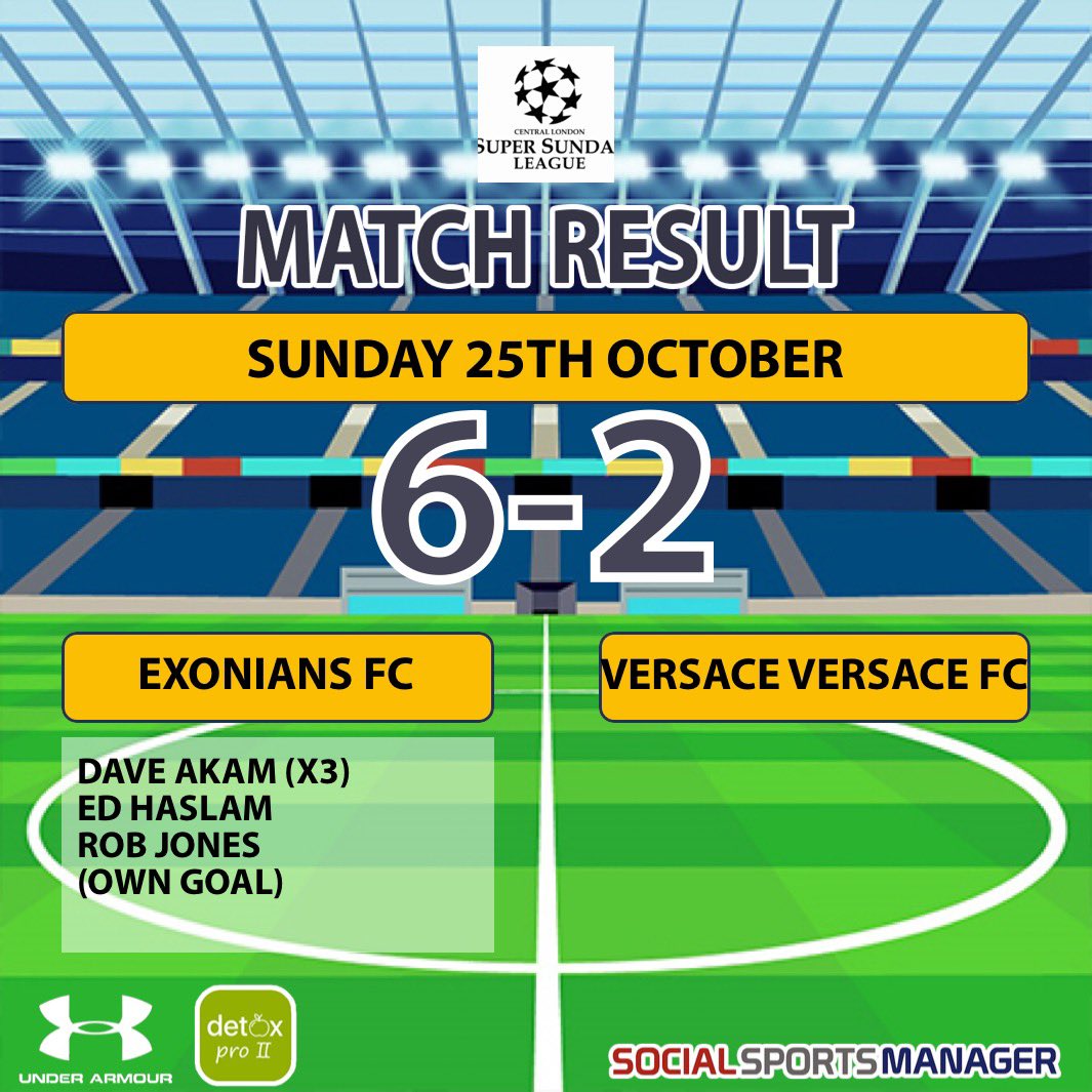 exoniansfc's tweet photo. MATCH RESULT: Exonians FC 6-2 Versace Versace FC
The fortress held strong yesterday against derby rivals Versace Versace FC.
Hat-trick hero Dave Akam earned himself a MotM pint for his efforts,
#clssl #exoniansfc #merchantgourmet #isleofdogs #millwallpark https://t.co/KQwQOZbgD2