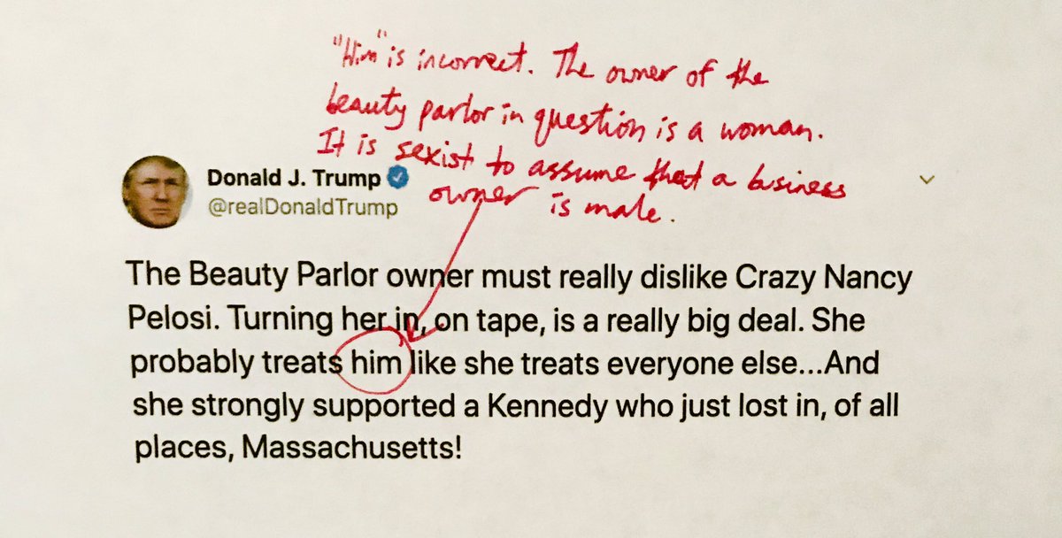 TrumpNeedsTutor's tweet photo. Yet another person misgendered, @realDonaldTrump. We’re lucky that most people in the world are much kinder than you. #CrazyNancy #Massachusetts #kennedy https://t.co/jCbyXfUwoK