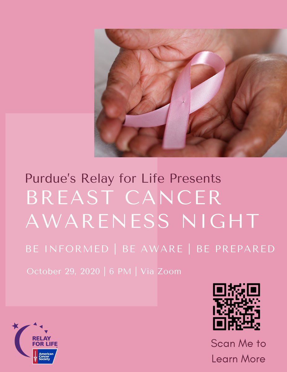 PurdueRelay's tweet image. This Thursday, Purdue Relay for Life will be hosting Breast Cancer Awareness Night via Zoom! Come learn about what breast cancer is and how to help support the fight against cancer!! Link in bio or scan the QR code🎗💗💪