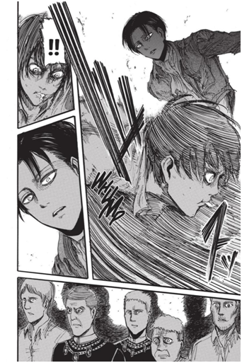 Other people might be threatened by Eren, but he isn’t – he can deal with him easily and can shut him up with just one kick.… except this isn’t true.imageI want you to take a closer look at Levi’s face on this page, especially the third frame.