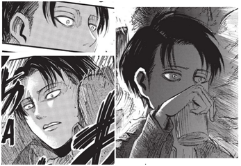 The emotion on Levi’s face is fear. We’ve seen this face before:If we don’t interpret it as fear, then well what is it? What did Yams want to say? Levi isn’t smug, he isn’t strict and stoic, he’s not mad or firm, he has a clear emotion on his face.
