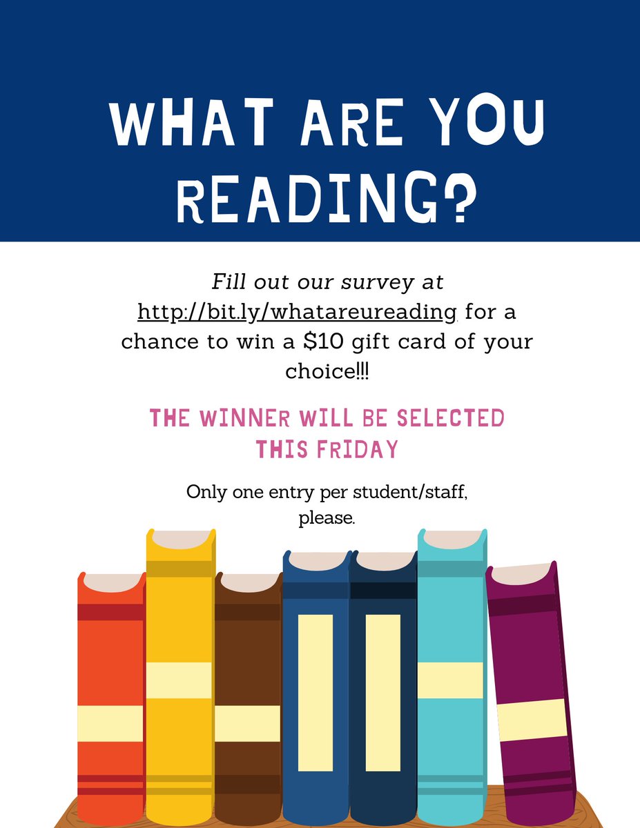 RaccoonsLibrary's tweet photo. What are you currently reading? Fill out the form to enter your name into a drawing for a $10 gift card of your choice! @RaccoonsLibrary @FHSRaccoons #fisdreads https://t.co/w0iEGQSFAA
