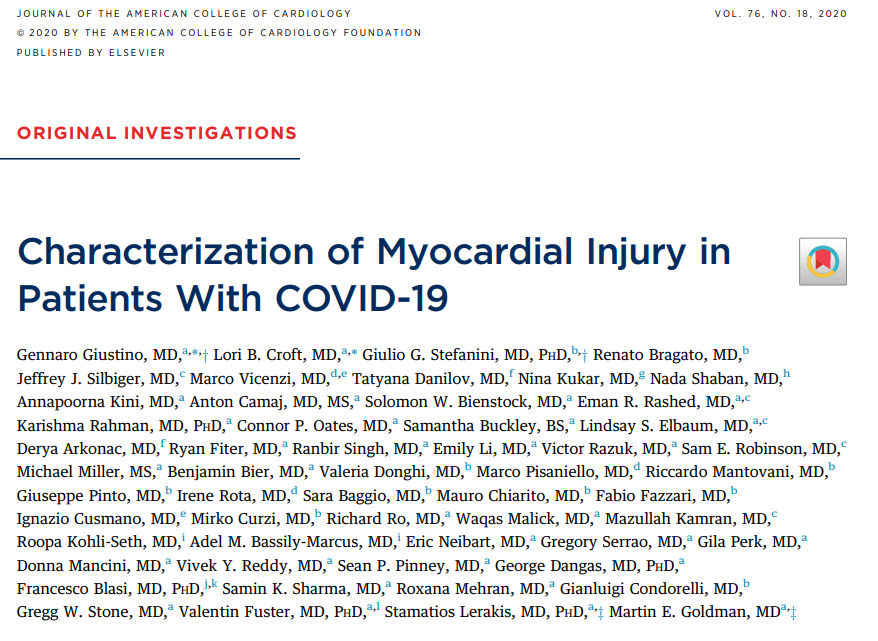 Published today in @JACCJournals our study evaluating the echocardiographic abnormalities of hospitalized patients with Covid-19 and myocardial injury. Incredible collaboration in the middle of the pandemic between NYC and Milan hospitals. @GGStefanini jacc.org/doi/10.1016/j.…